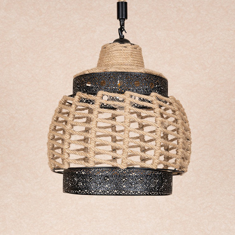 1-Light Hollowed out Ceiling Hanging Lantern Brown Hand-Wrapped Rope Pendant Lighting Fixture