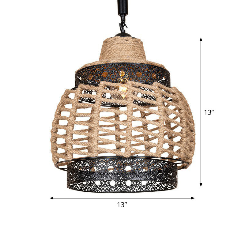 1-Light Hollowed out Ceiling Hanging Lantern Brown Hand-Wrapped Rope Pendant Lighting Fixture