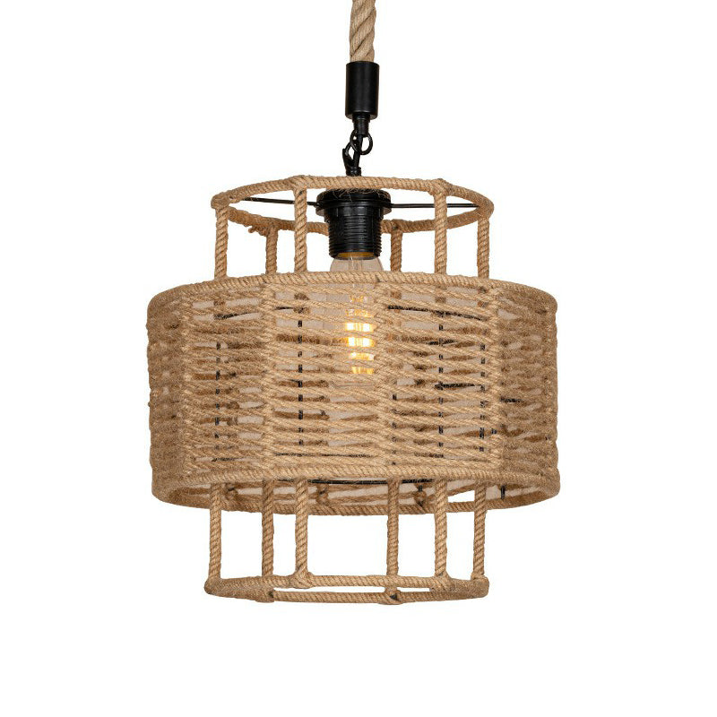 2-Layered Cylinder Rope Pendant Lamp Farmhouse 1 Head Living Room Ceiling Hang Light in Brown