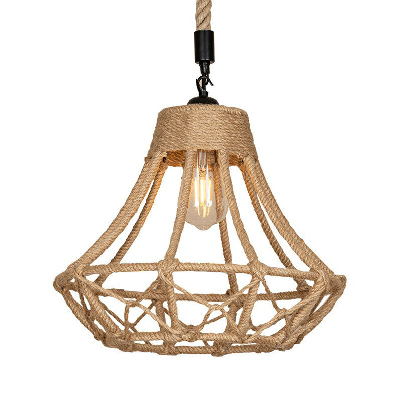 Lodge Diamond Shaped Drop Pendant 1 Bulb Hemp Hanging Ceiling Light in Brown for Cafe