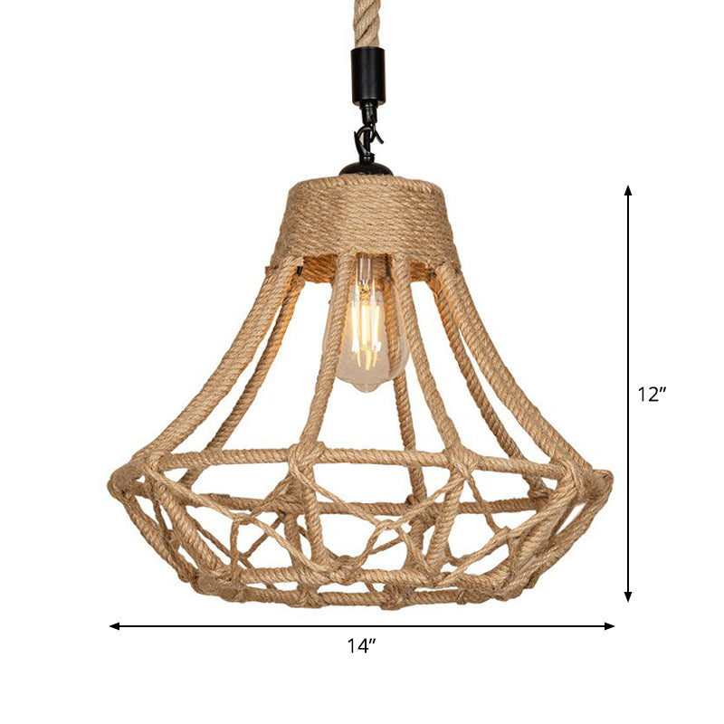 Lodge Diamond Shaped Drop Pendant 1 Bulb Hemp Hanging Ceiling Light in Brown for Cafe