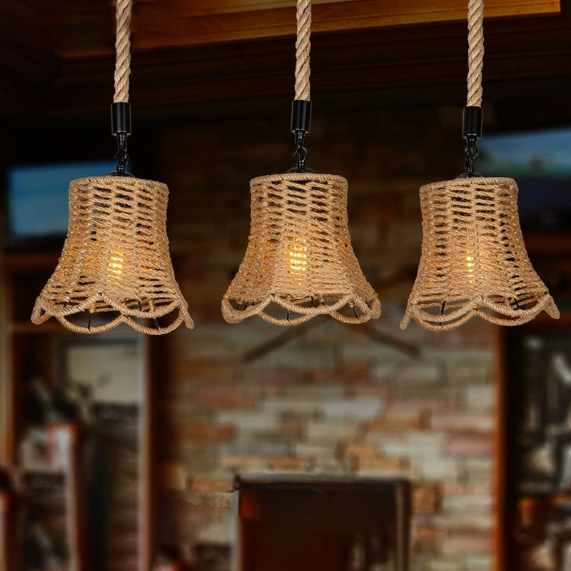 Rural Scalloped Bell Cluster Pendant Light 3/6-Head Rope Wrapped Suspension Lamp in Brown with Round/Linear Canopy