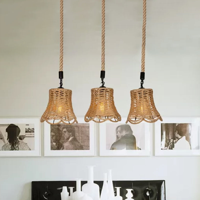 Rural Scalloped Bell Cluster Pendant Light 3/6-Head Rope Wrapped Suspension Lamp in Brown with Round/Linear Canopy