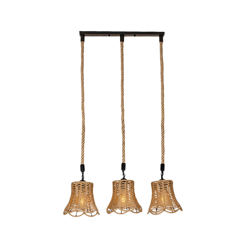 Rural Scalloped Bell Cluster Pendant Light 3/6-Head Rope Wrapped Suspension Lamp in Brown with Round/Linear Canopy