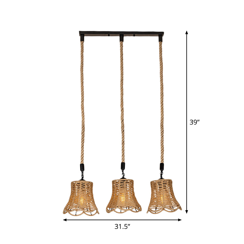 Rural Scalloped Bell Cluster Pendant Light 3/6-Head Rope Wrapped Suspension Lamp in Brown with Round/Linear Canopy