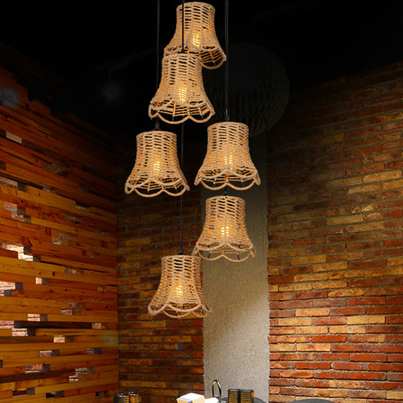 Rural Scalloped Bell Cluster Pendant Light 3/6-Head Rope Wrapped Suspension Lamp in Brown with Round/Linear Canopy