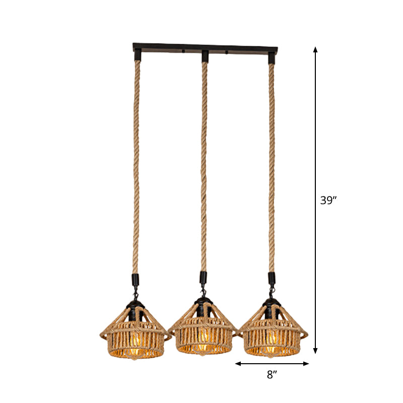 3/6-Light Mini House Multi Pendant Cottage Brown Hand Worked Rope Hanging Light Fixture, Round/Linear Canopy