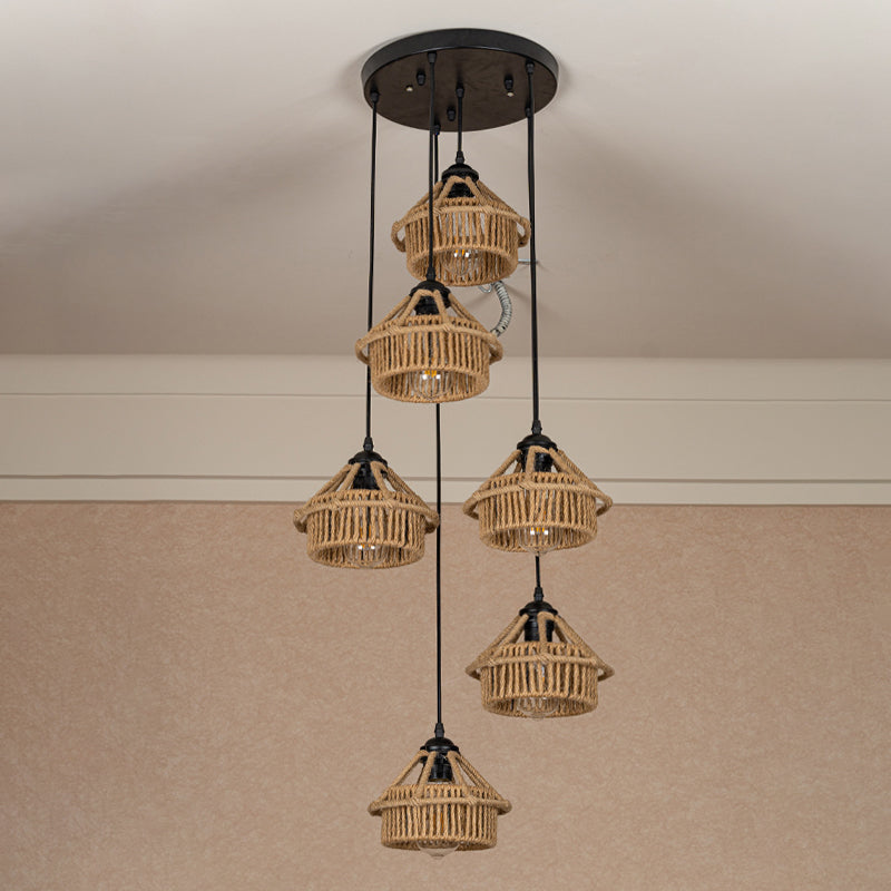 3/6-licht Mini House Multi Pendant Cottage Brown Hand Working Hanging Light armatuur, ronde/lineaire luifel