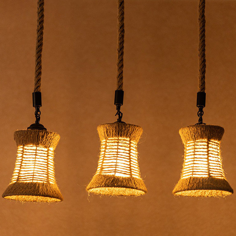 Brown Flared Shade Multi-Light Pendant Rural Rope 3 Bulbs Dining Room Ceiling Hang Lamp