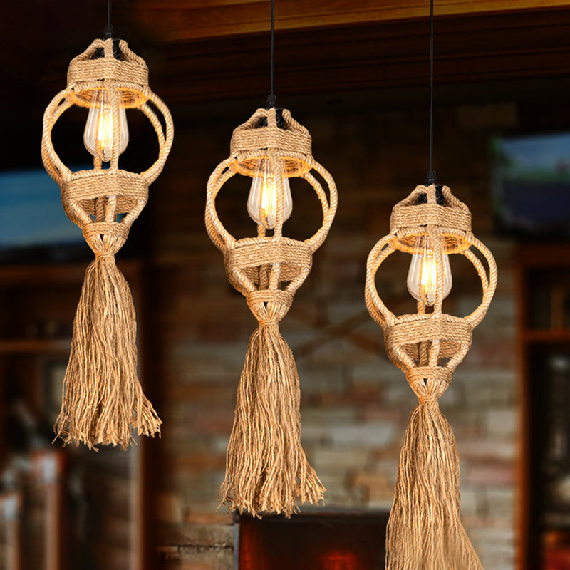 Hand-Made Lantern Kitchen Ceiling Light Farmhouse Hemp Rope 3/6-Head Brown Cluster Pendant with Round/Linear Canopy