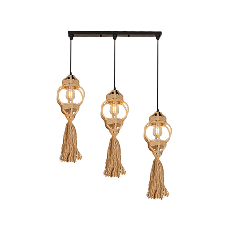 Hand-Made Lantern Kitchen Ceiling Light Farmhouse Hemp Rope 3/6-Head Brown Cluster Pendant with Round/Linear Canopy