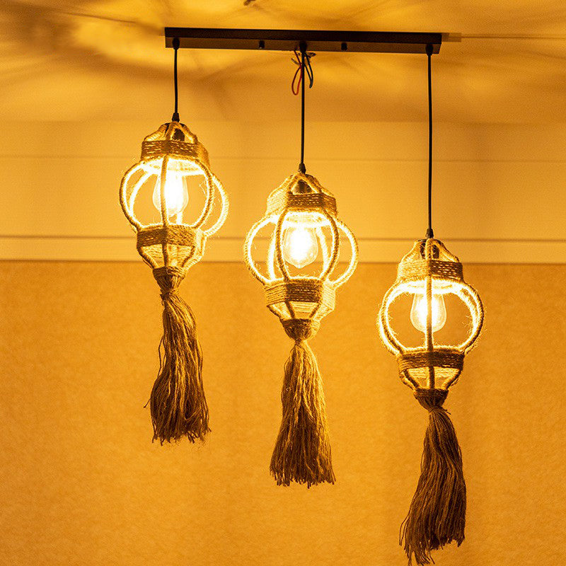 Hand-Made Lantern Kitchen Ceiling Light Farmhouse Hemp Rope 3/6-Head Brown Cluster Pendant with Round/Linear Canopy