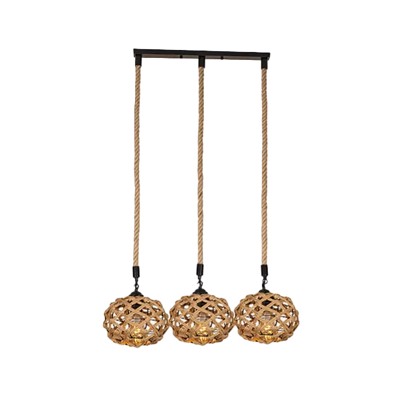 Cross-Woven Rope Cluster Oval Pendant Cottage 3/6 Bulbs Kitchen Bar Round/Linear Canopy Ceiling Hang Light in Brown