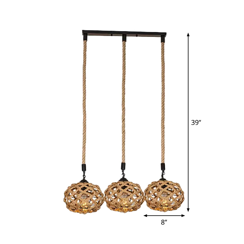 Cross-Woven Rope Cluster Oval Pendant Cottage 3/6 Bulbs Kitchen Bar Round/Linear Canopy Ceiling Hang Light in Brown