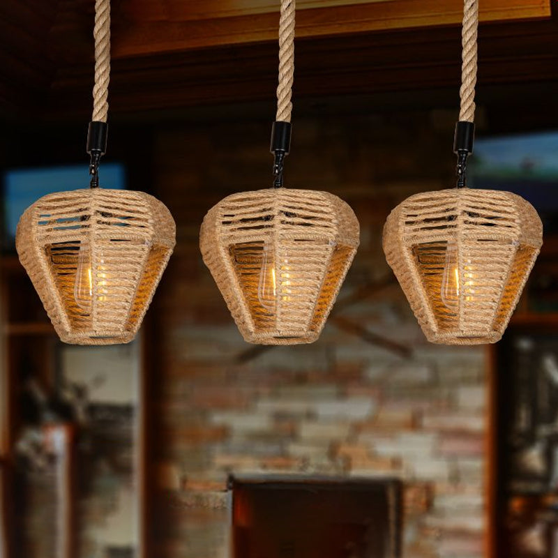 3/6-Light Inverted Droplet Multi Pendant Rustic Brown Hemp Rope Hanging Light Fixture with Round/Linear Canopy