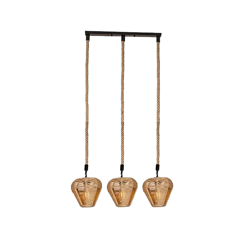 3/6-Light Inverted Droplet Multi Pendant Rustic Brown Hemp Rope Hanging Light Fixture with Round/Linear Canopy