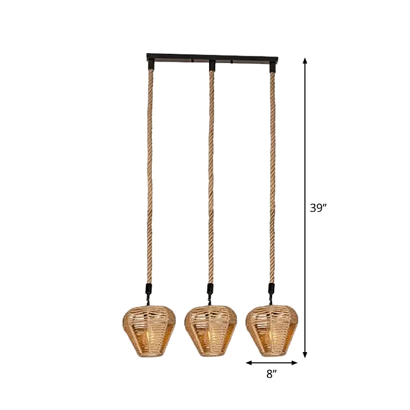 3/6-Light Inverted Droplet Multi Pendant Rustic Brown Hemp Rope Hanging Light Fixture with Round/Linear Canopy