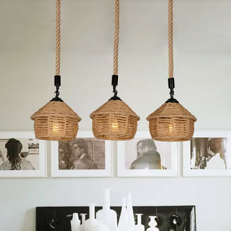 3/6 Lights Rope Cluster Pendant Rural Brown Barn Dining Room Ceiling Suspension Lamp with Round/Linear Canopy