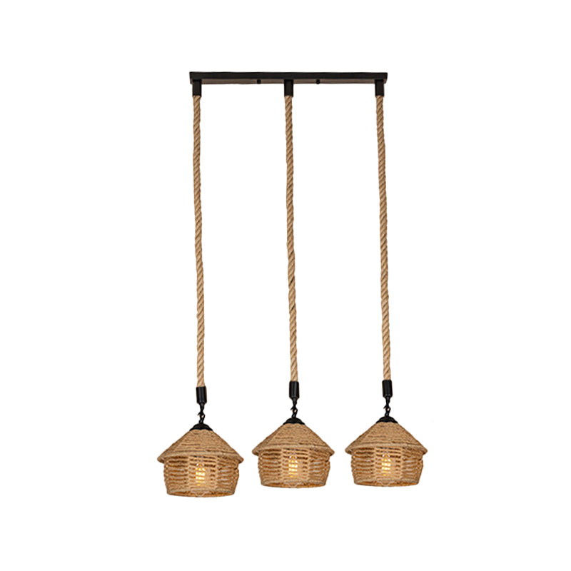 3/6 Lights Rope Cluster Pendant Rural Brown Barn Dining Room Ceiling Suspension Lamp with Round/Linear Canopy