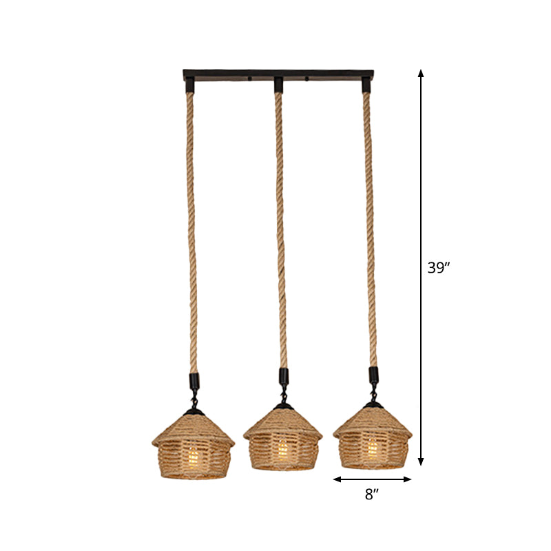 3/6 Lights Rope Cluster Pendant Rural Brown Barn Dining Room Ceiling Suspension Lamp with Round/Linear Canopy