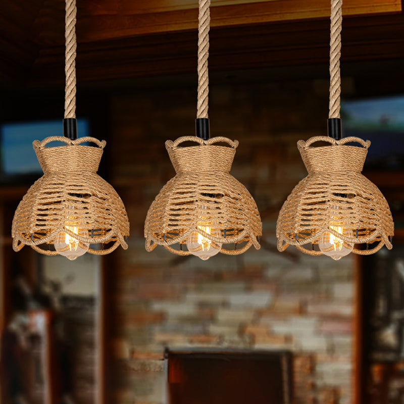 Round/Linear Bistro Cluster Bowl Pendant Farmhouse Hemp 3/6-Head Brown Multi Hanging Lamp with Scalloped Trim