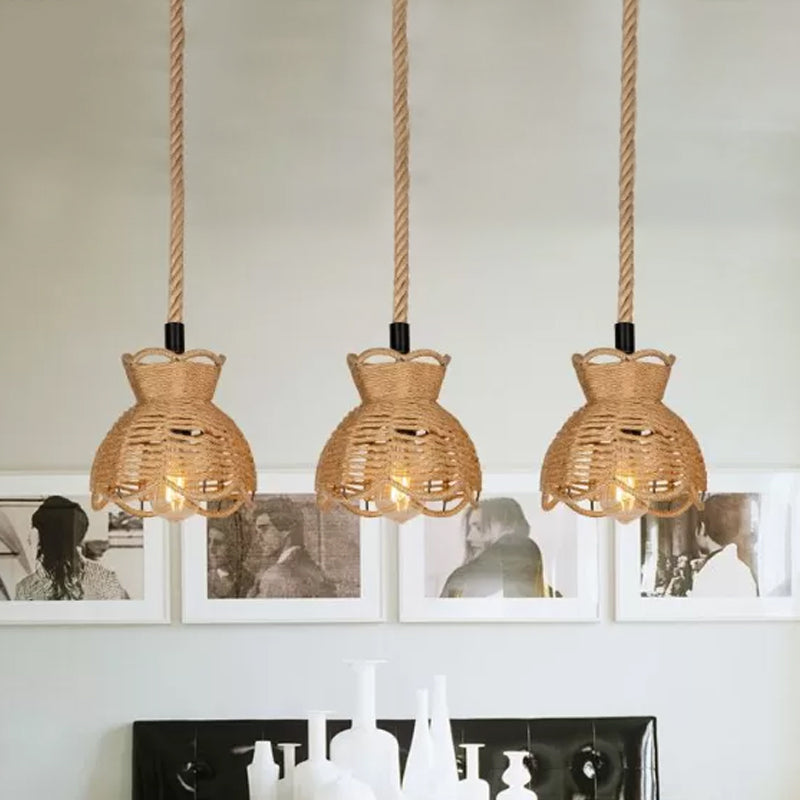 Ronde/lineaire bistro-clusterkom hanger boerderij hennep 3/6-head bruine multi hanging lamp met geschulpte afwerking