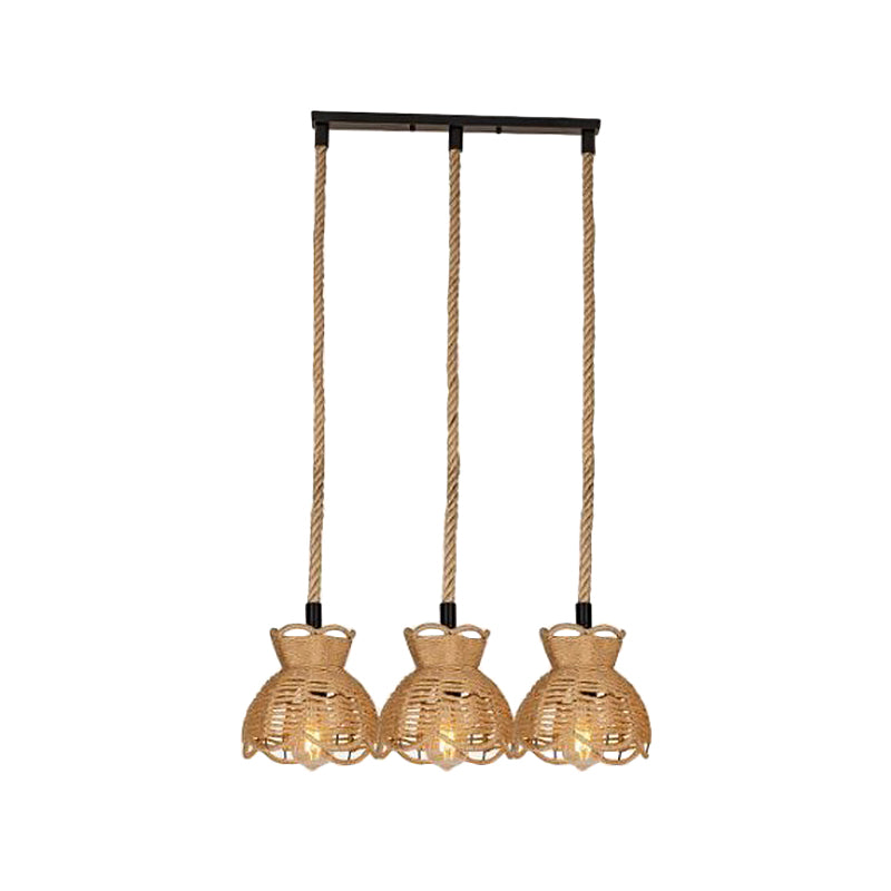 Round/Linear Bistro Cluster Bowl Pendant Farmhouse Hemp 3/6-Head Brown Multi Hanging Lamp with Scalloped Trim