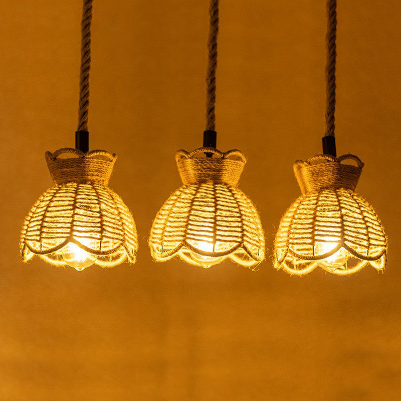 Round/Linear Bistro Cluster Bowl Pendant Farmhouse Hemp 3/6-Head Brown Multi Hanging Lamp with Scalloped Trim