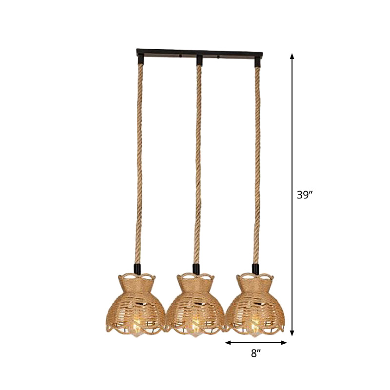 Ronde/lineaire bistro-clusterkom hanger boerderij hennep 3/6-head bruine multi hanging lamp met geschulpte afwerking