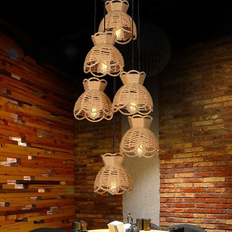 Ronde/lineaire bistro-clusterkom hanger boerderij hennep 3/6-head bruine multi hanging lamp met geschulpte afwerking