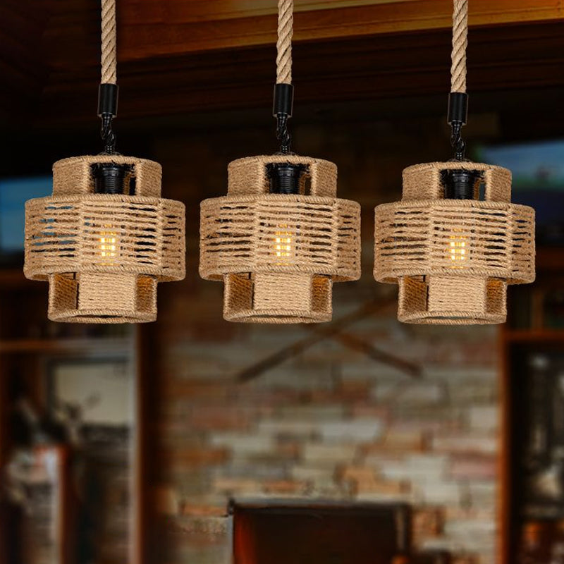 Lodge Style Round/Linear Canopy Pendant 3/6 Lights Roped Hanging Ceiling Light with Double Shade in Brown