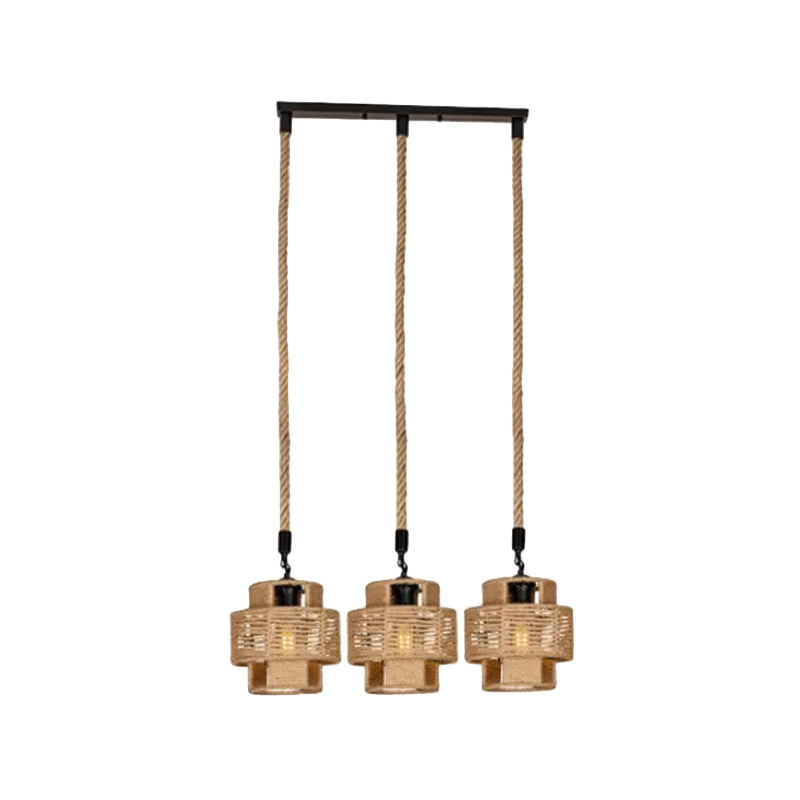 Lodge Style Round/Linear Canopy Pendant 3/6 Lights Roped Hanging Ceiling Light with Double Shade in Brown