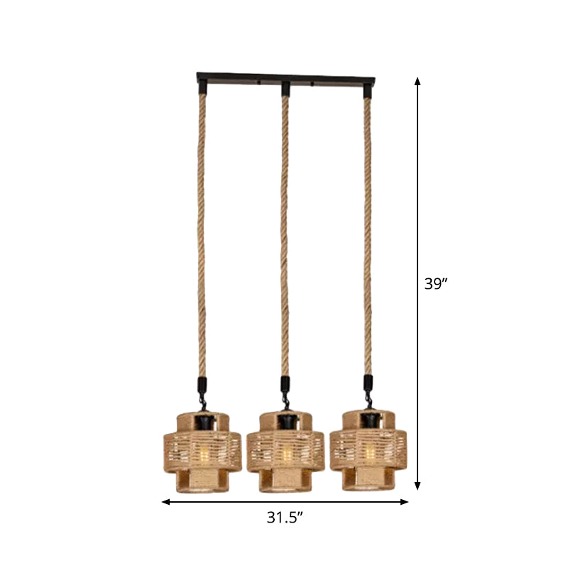 Lodge Style Round/Linear Canopy Pendant 3/6 Lights Roped Hanging Ceiling Light with Double Shade in Brown