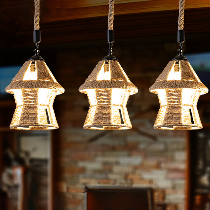 Hand-Wrapped Rope Cluster Cabin Pendant Country 3/6 Bulbs Living Room Round/Linear Ceiling Suspension Lamp in Brown