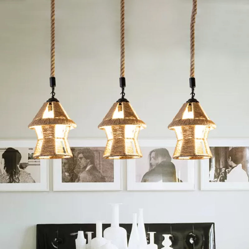 Hand-Wrapped Rope Cluster Cabin Pendant Country 3/6 Bulbs Living Room Round/Linear Ceiling Suspension Lamp in Brown