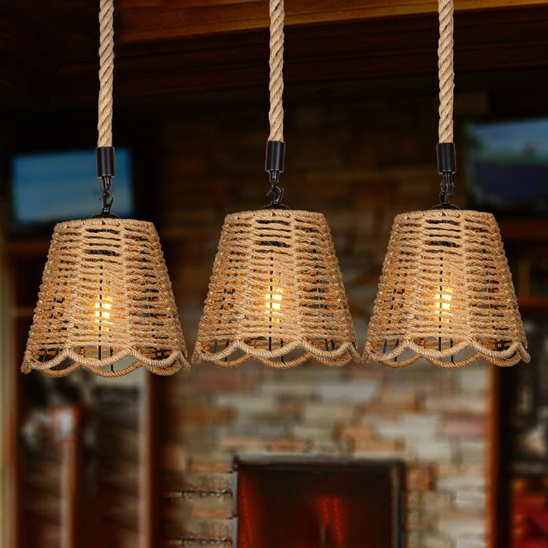 Rope Brown Pendant Lighting Scalloped-Trimmed Tapered 3/6-Head Rustic Multi Light Ceiling Light with Round/Linear Canopy