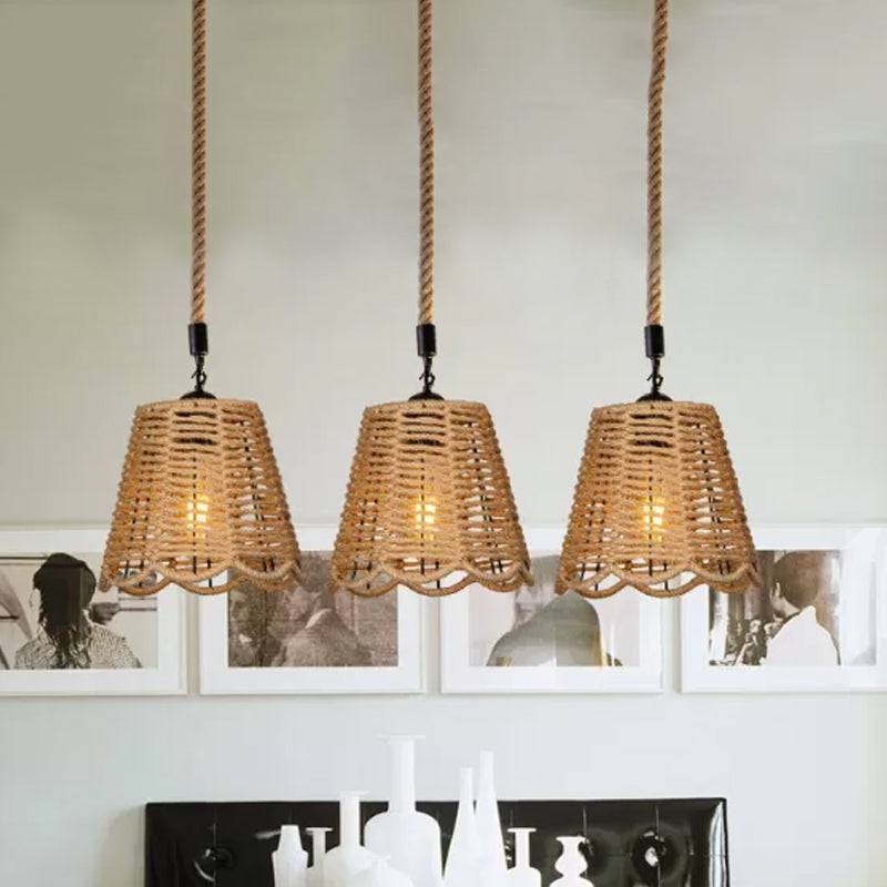 Rope Brown Pendant Lighting Scalloped-Trimmed Tapered 3/6-Head Rustic Multi Light Ceiling Light with Round/Linear Canopy