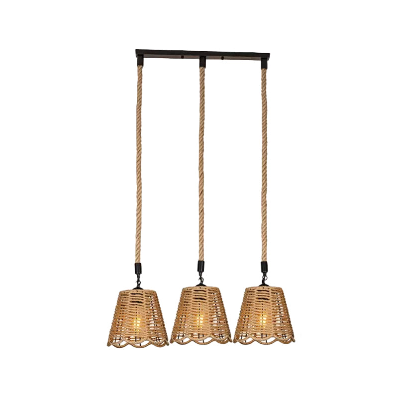 Rope Brown Pendant Lighting Scalloped-Trimmed Tapered 3/6-Head Rustic Multi Light Ceiling Light with Round/Linear Canopy