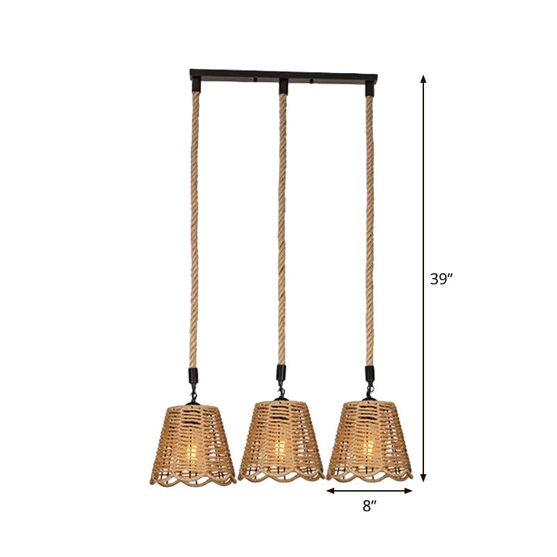 Rope Brown Pendant Lighting Scalloped-Trimmed Tapered 3/6-Head Rustic Multi Light Ceiling Light with Round/Linear Canopy