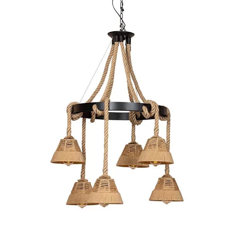 6 Lights Carillon Ceiling Chandelier Cottage Brown Roped Hanging Pendant for Restaurant