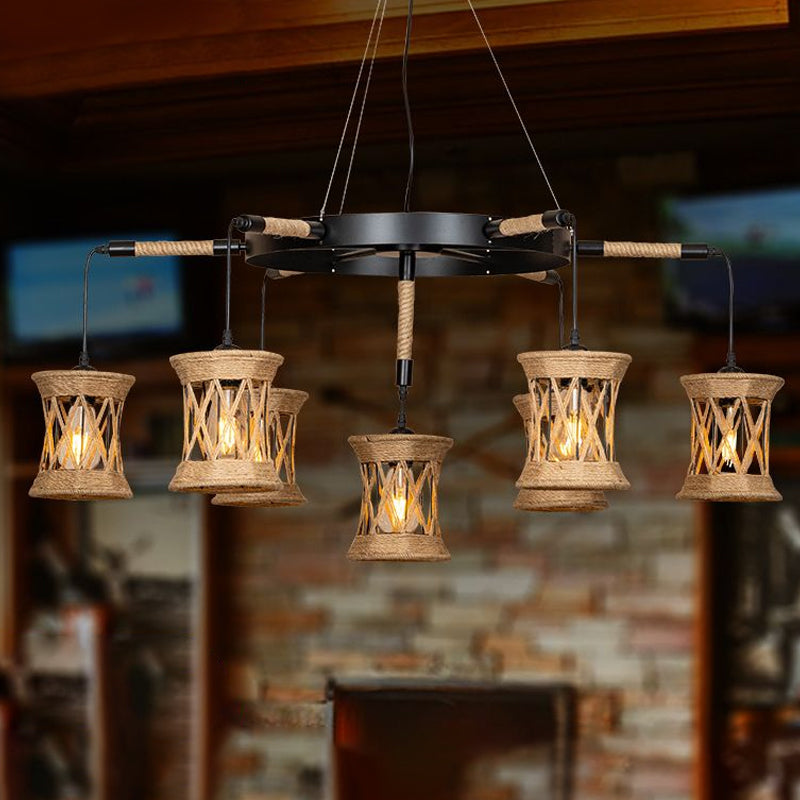 X-Woven Rope Cylinder Pendant Lamp Farmhouse 7-Light Dining Room Ceiling Chandelier with Wheel Design in Brown