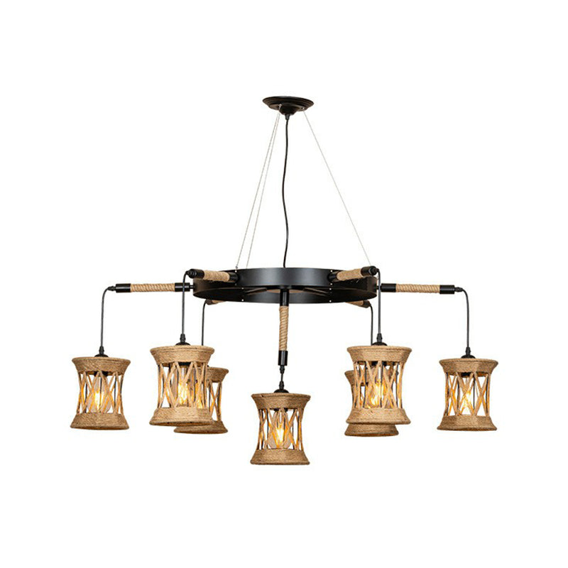 X-Woven Rope Cylinder Pendant Lamp Farmhouse 7-Light Dining Room Ceiling Chandelier with Wheel Design in Brown