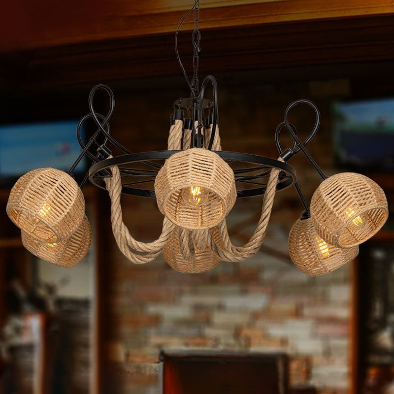 Farmhouse Wheel Hanging Pendant 6-Head Iron Chandelier Light with Dome Roped Shade in Brown