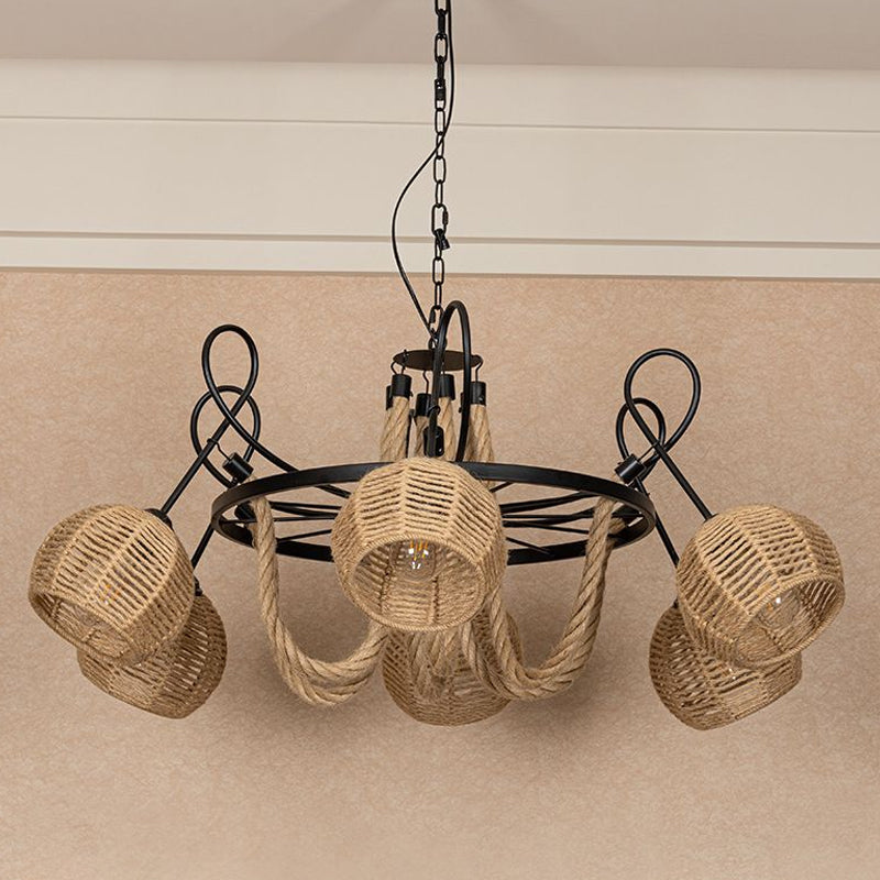 Farmhouse Wheel Hanging Pendant 6-Head Iron Chandelier Light with Dome Roped Shade in Brown