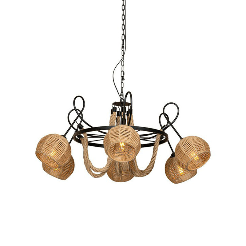 Farmhouse Wheel Hanging Pendant 6-Head Iron Chandelier Light with Dome Roped Shade in Brown