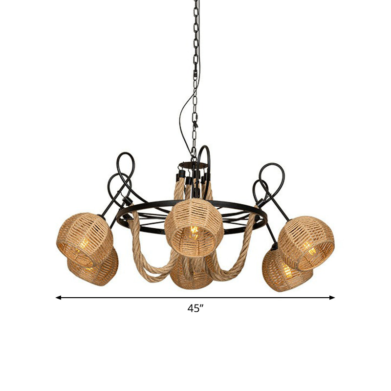 Farmhouse Wheel Hanging Pendant 6-Head Iron Chandelier Light with Dome Roped Shade in Brown