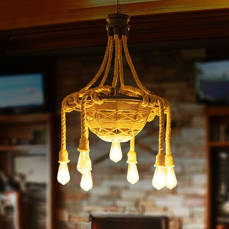 Rope Bowl Pendant Chandelier Country Style 6 Heads Dining Room Hanging Light with Bare Bulb Design in Brown