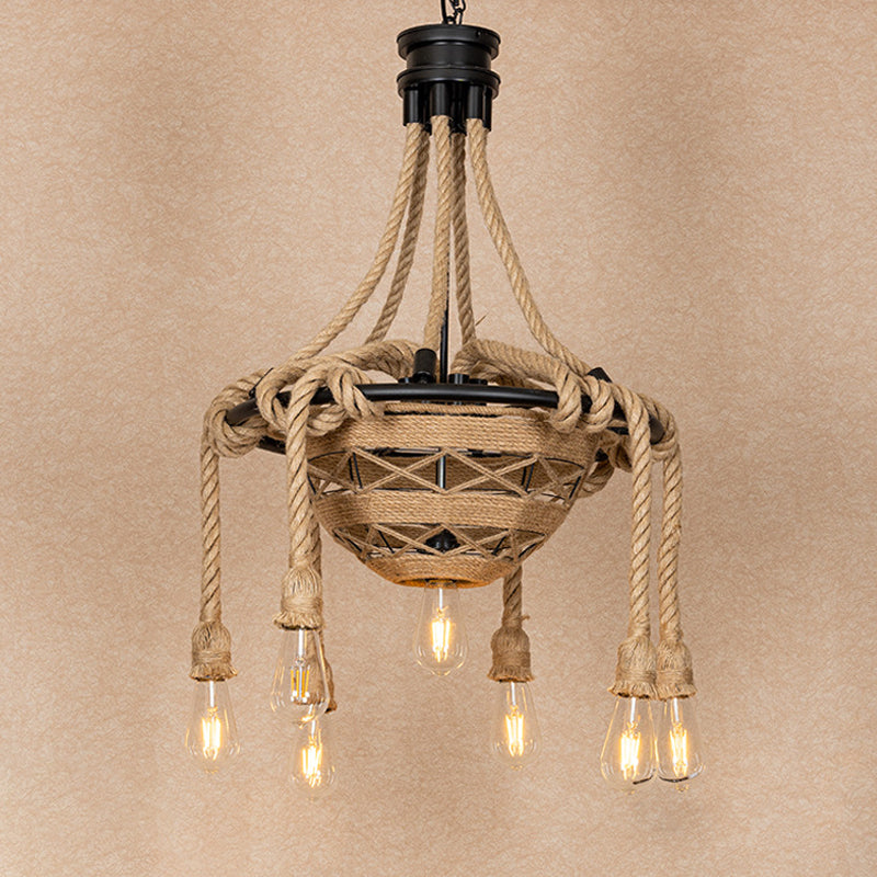 Rope Bowl Pendant Chandelier Country Style 6 Heads Dining Room Hanging Light with Bare Bulb Design in Brown