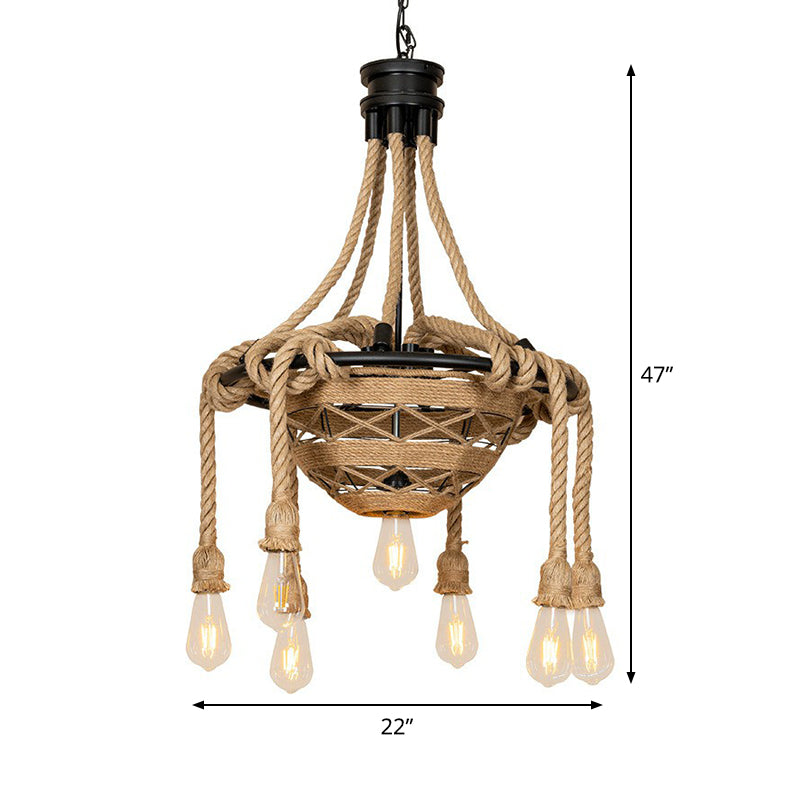 Tazón de cuerda Candelier Style Country Style 6 Heads Comedor Luz colgante con diseño de bombilla desnuda en marrón