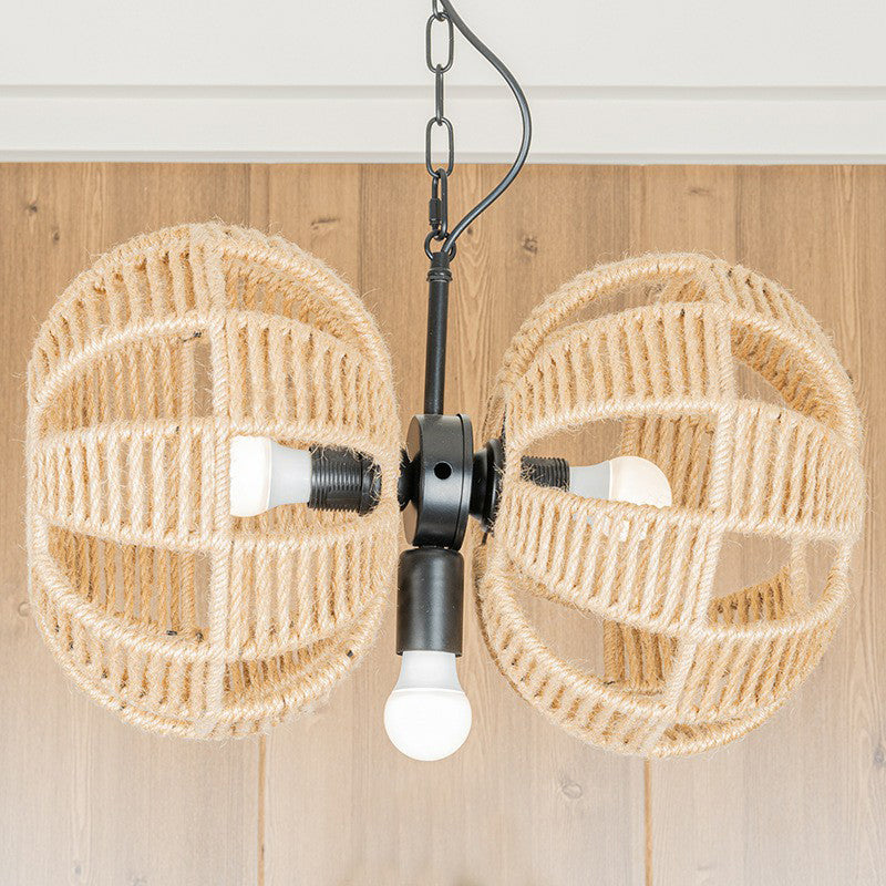 3 luces Doble Melon Suspension Pendse Farmhouse Lámpara de araña de cuerda marrón sobre la mesa